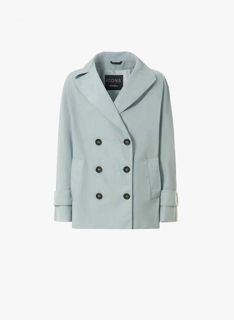 Double breasted light blue jacket with maxi notch collar in rainproof technical fabric