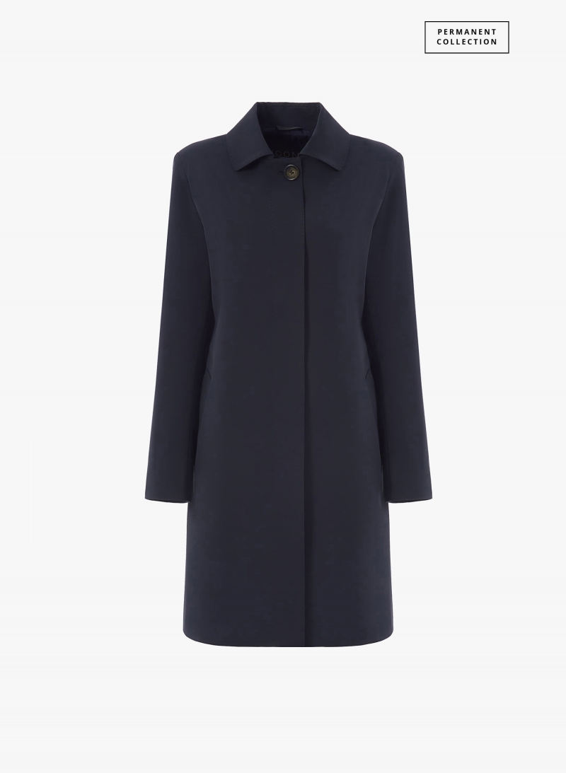 Dark blue overcoat with shirt collar in technical fabric