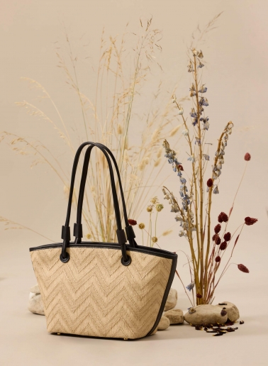Straw tote bag with black leather details