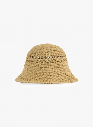 Beige straw cloche hat with openwork pattern
