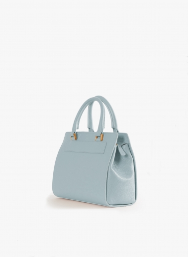 Light blue genuine leather structured bag with metal closure