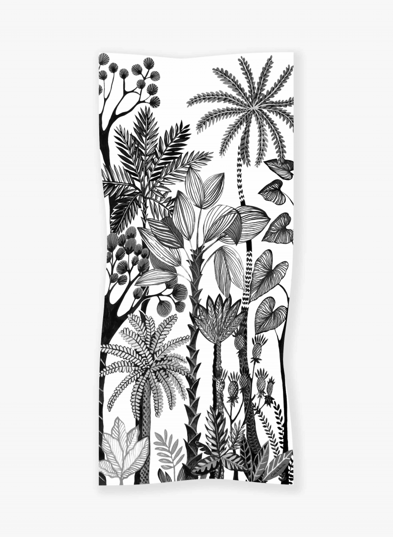 Black modal and silk scarf with stylized plant pattern