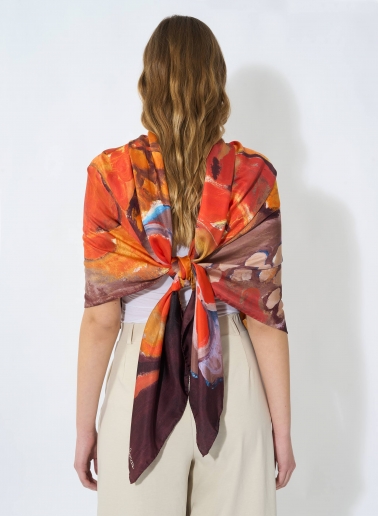 Red pure silk scarf with watercolor pattern