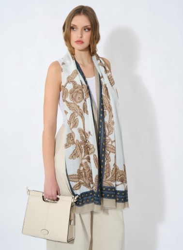 Beige cotton maxi scarf with flower and animals pattern