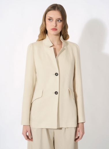 Beige linen jacket with inverted notch collar