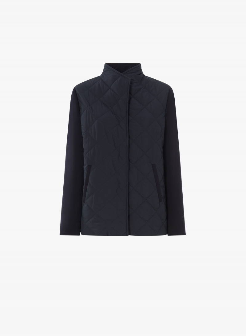 Dark blue quilted jacket with contrasting wool sleeves