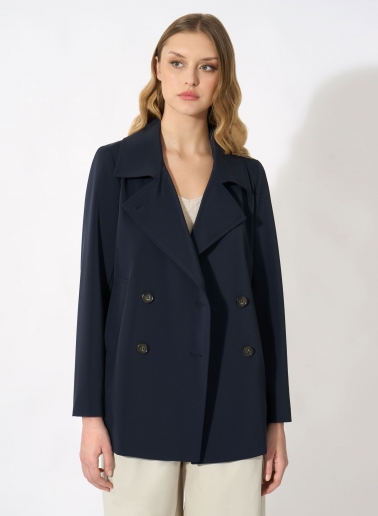 Dark blue double-breasted jacket with dual use notch collar