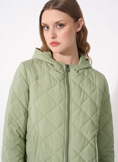 Military green quilted jacket in technical fabric with hood