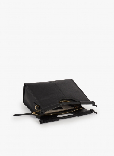 Black leather handbag with strap