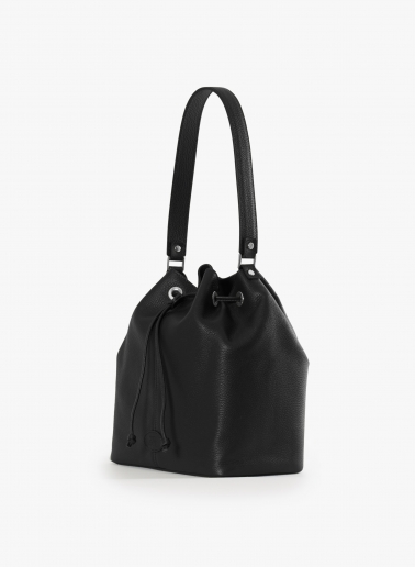 Black genuine leather bucket bag with gusset and logo