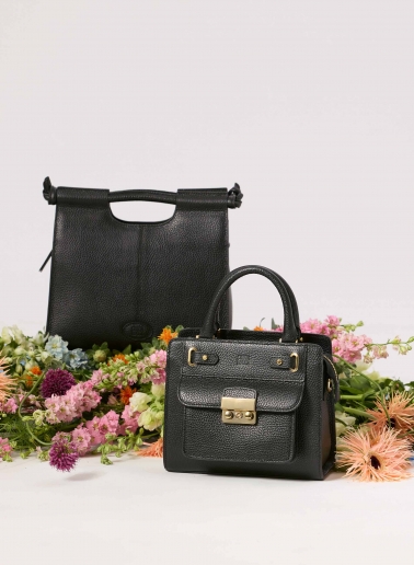 Mini black genuine leather structured bag with metal closure