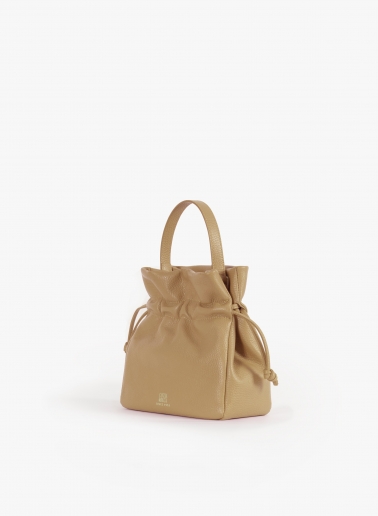 Light camel small bucket bag with handle and strap