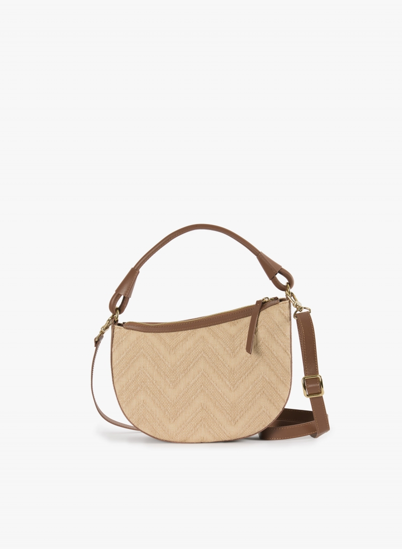 Asymmetrical straw bag with tobacco colour leather details