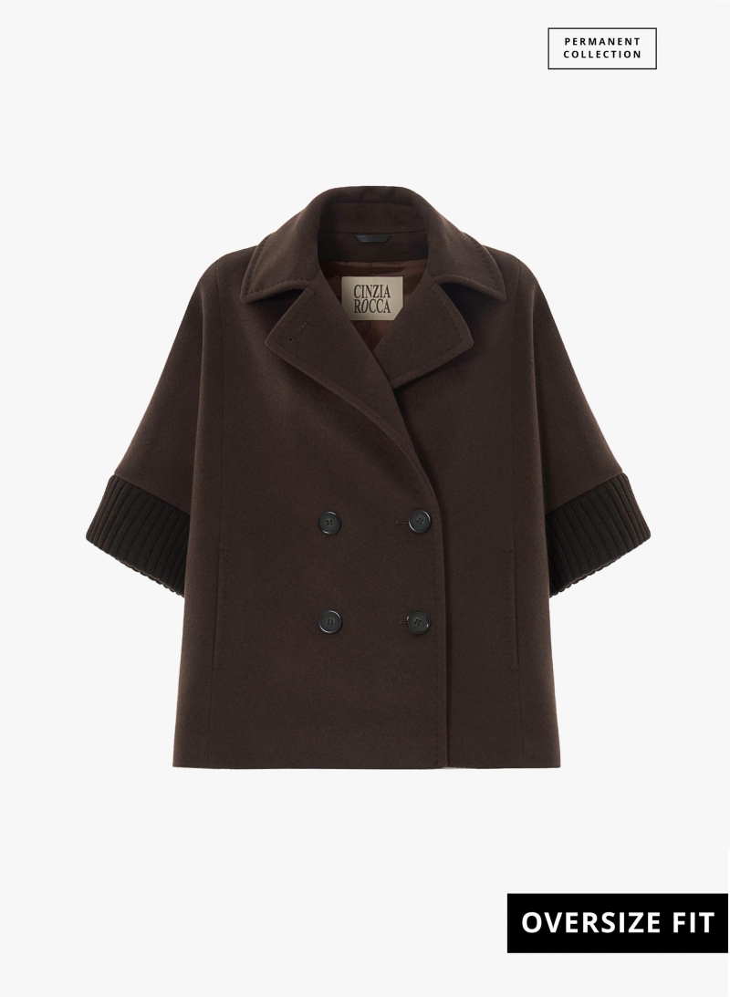 Brown pure wool cape with knitted inserts