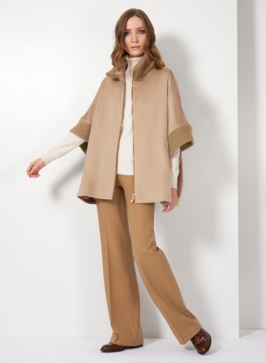Zipped light camel pure zibeline wool cape