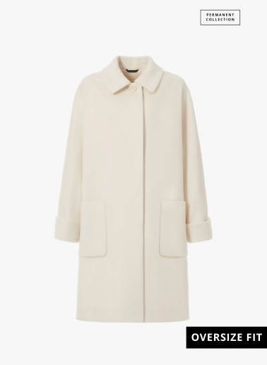 Oversized white pure wool coat with shirt collar