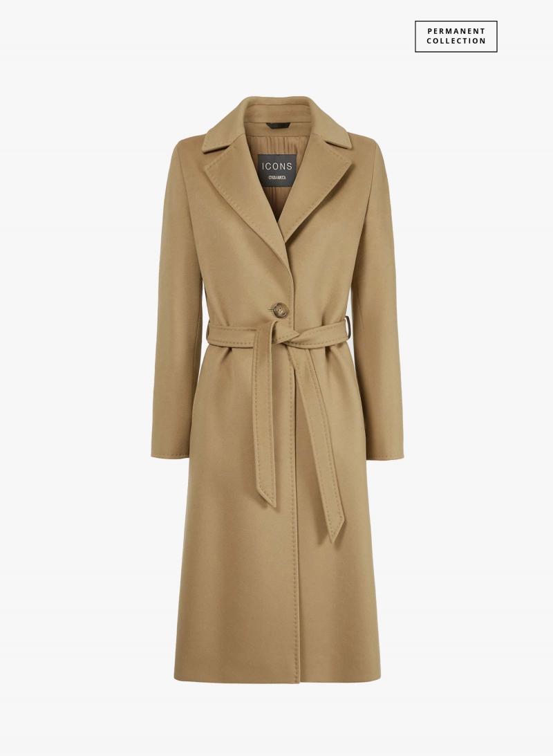 Belted fitted camel pure cashmere coat