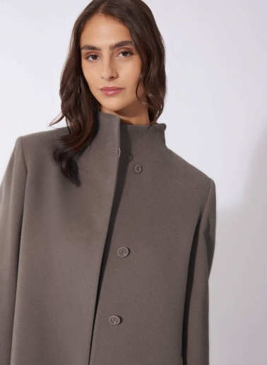 Dark taupe wool and cashmere coat with high stand up collar