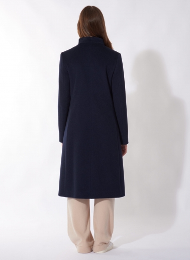 Blue pure cashmere coat with high stand up collar