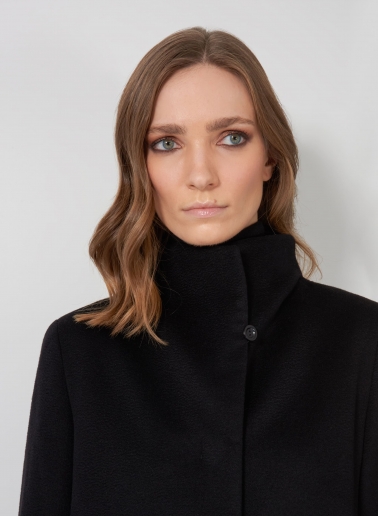 Flared black pure cashmere coat with high stand up collar