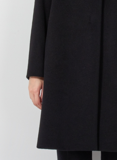 Flared black pure cashmere coat with high stand up collar