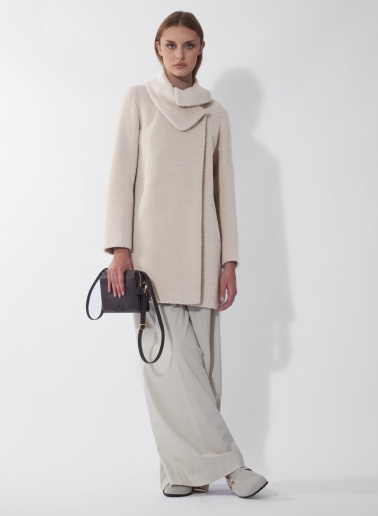 Short flared beige wool and alpaca coat with crossover collar