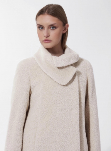 Short flared beige wool and alpaca coat with crossover collar