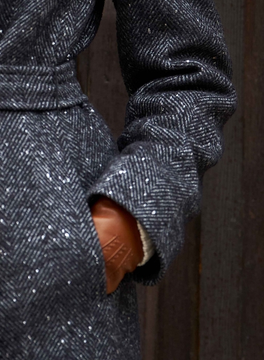 Black belted coat in lurex micro pattern with hood