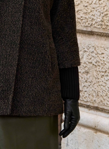 Brown wool and alpaca short coat with knitted cuffs