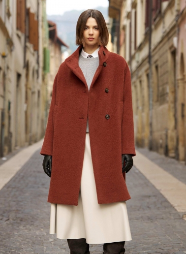 Terracotta colour alpaca and wool coat with high asymmetrical collar
