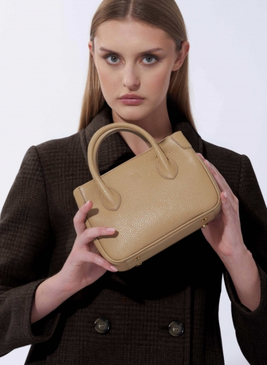 Mini light camel genuine leather tote bag