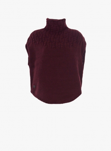 Burgundy knitted cape with braided detail