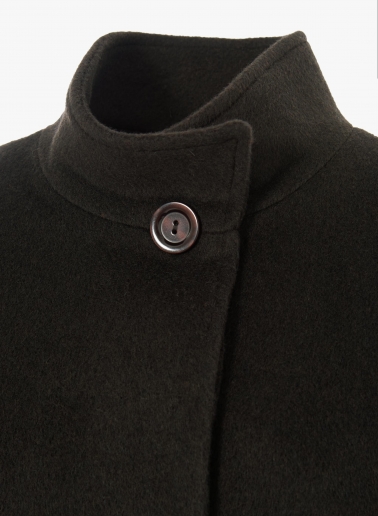 Short flared brown wool coat with high collar