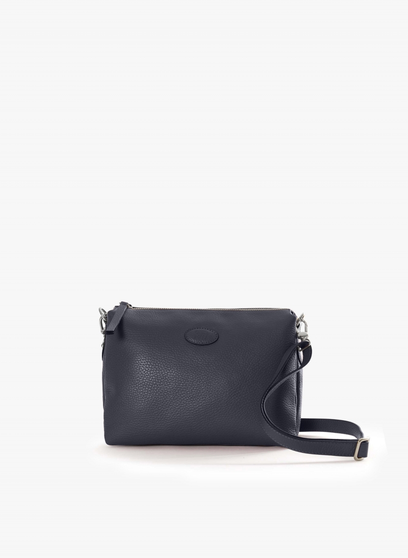 Blue genuine leather crossbody big bag with three compartments