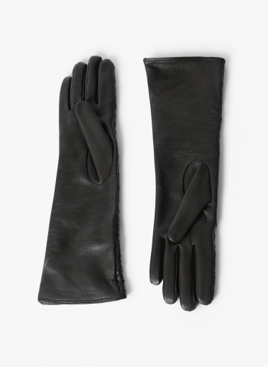 Long black nappa leather gloves with woven design