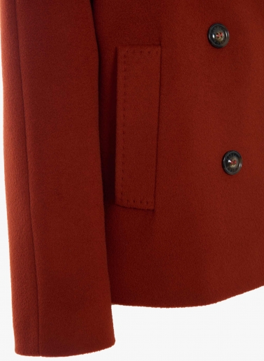 Terracotta colour pure wool short coat with shirt collar and trench style flap