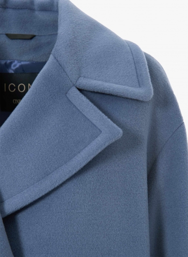 Short oversized light blue coat in pure wool with maxi notch collar