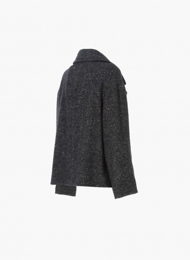 Short oversized black coat with maxi notch collar and lurex micro pattern