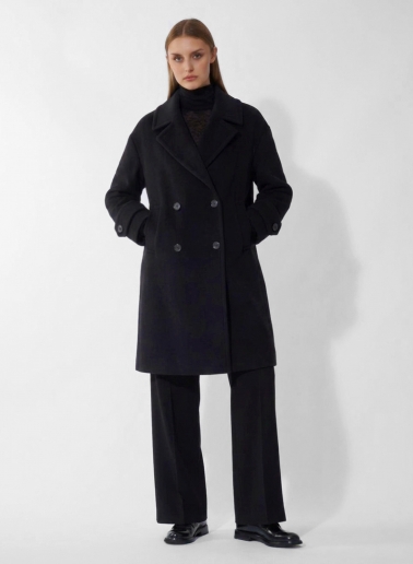 Black double breasted pure wool coat with maxi notch collar