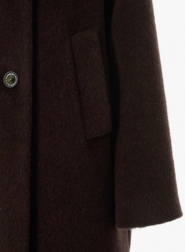 Brown alpaca and wool coat with high asymmetrical collar