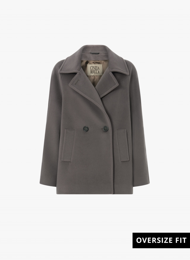 Dark taupe pure wool short coat with maxi dual use notch collar