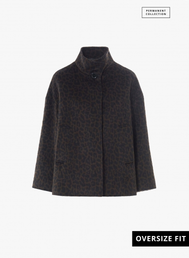 Short flared brown coat with high collar and animal pattern