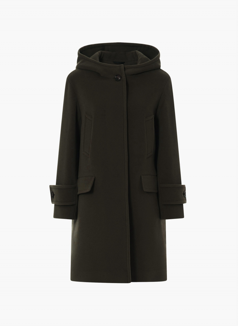 Hooded brown wool and cashmere parka with double pockets