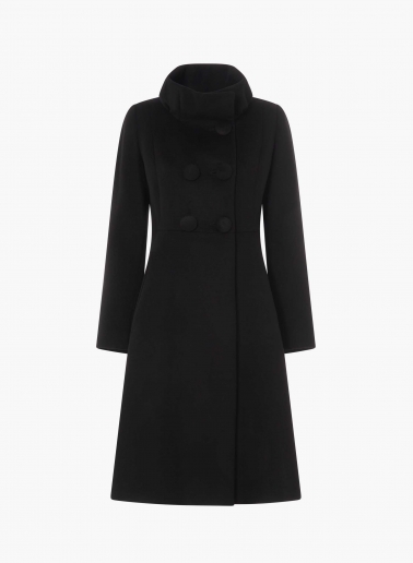 Long black pure wool frock coat with high drape collar