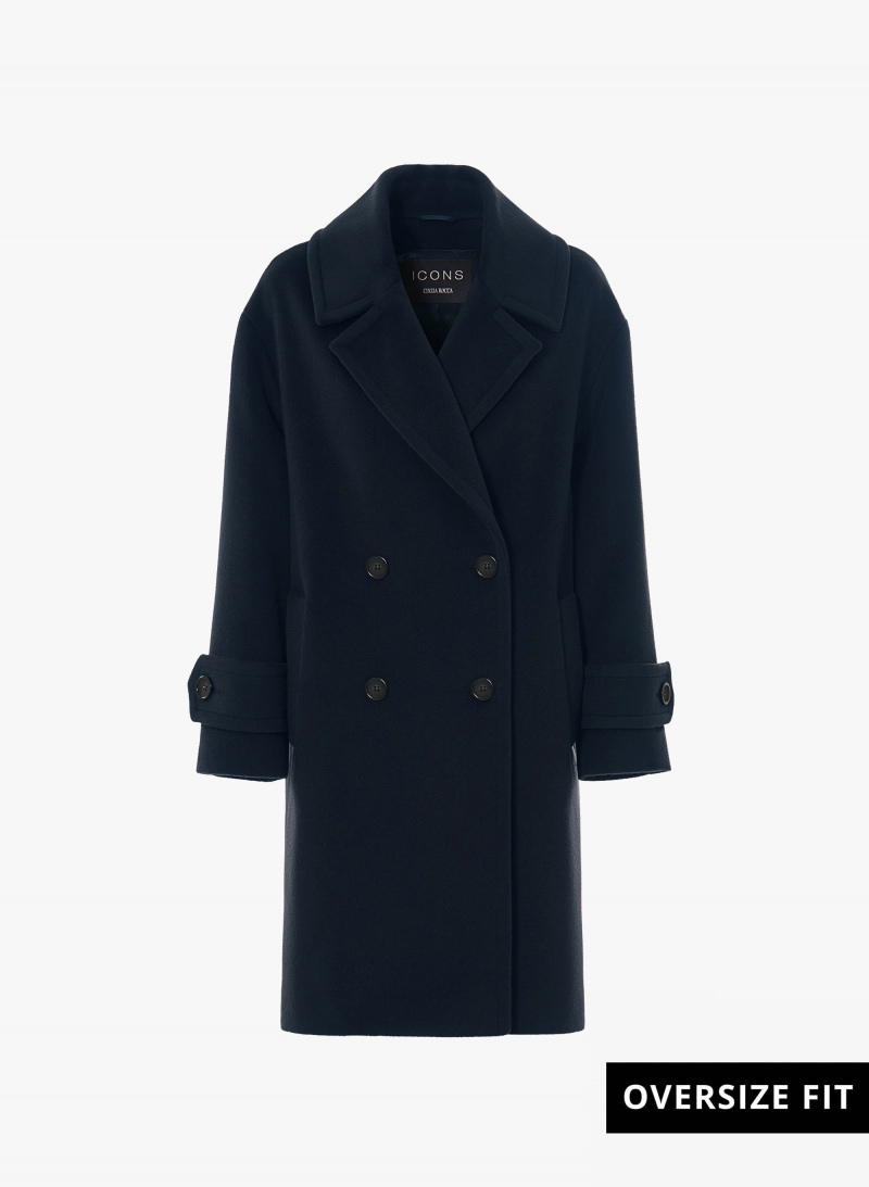 Blue double breasted pure wool coat with maxi notch collar