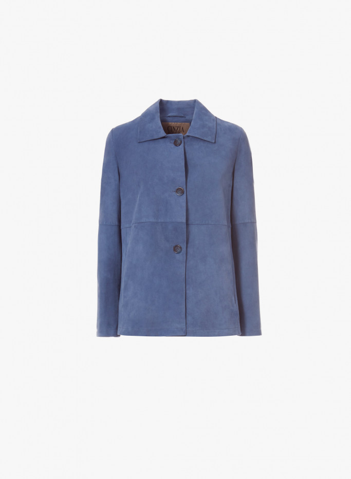 Голубая замшевая куртка с рубашечным воротником