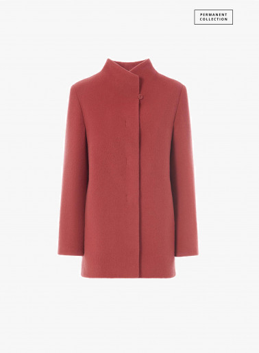 Short dark pink wool and alpaca coat with high stand up collar
