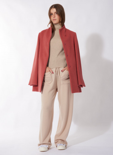 Short dark pink wool and alpaca coat with high stand up collar