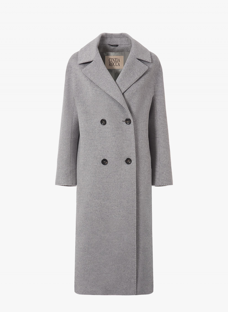 Long double breasted light grey pure wool coat