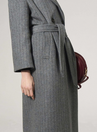 Maxi belted pinstripe wool grey coat